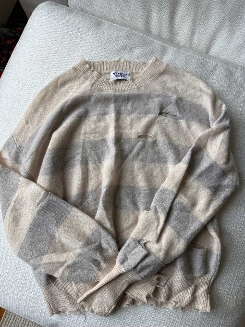 27 Miles Malibu Cashmere Cream & Gray Striped Crewneck Sweater